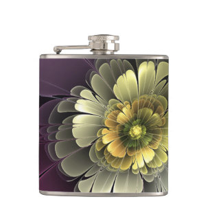 Abstract Modern Purpur Khaki Grey Fractal Flower Hip Flask