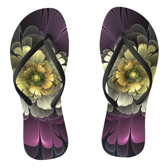 Abstract Modern Purpur Khaki Grey Fractal Flower Jandals (Footbed)