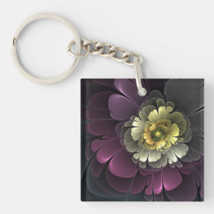 Abstract Modern Purpur Khaki Grey Fractal Flower Key Ring