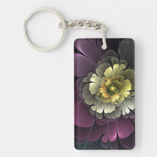 Abstract Modern Purpur Khaki Grey Fractal Flower Key Ring