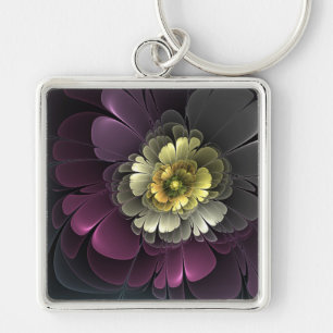 Abstract Modern Purpur Khaki Grey Fractal Flower Key Ring