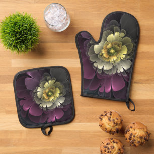 Abstract Modern Purpur Khaki Grey Fractal Flower Oven Mitt & Pot Holder Set