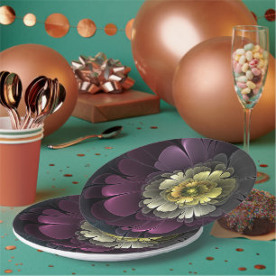 Abstract Modern Purpur Khaki Grey Fractal Flower Paper Plate