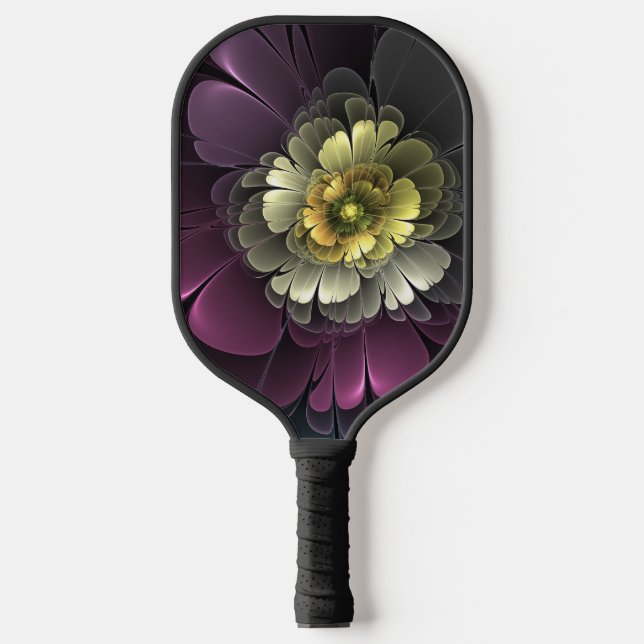 Abstract Modern Purpur Khaki Grey Fractal Flower Pickleball Paddle (Front)