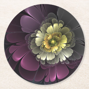 Abstract Modern Purpur Khaki Grey Fractal Flower Round Paper Coaster