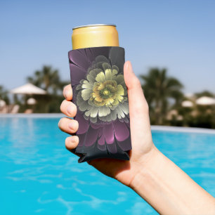 Abstract Modern Purpur Khaki Grey Fractal Flower Seltzer Can Cooler