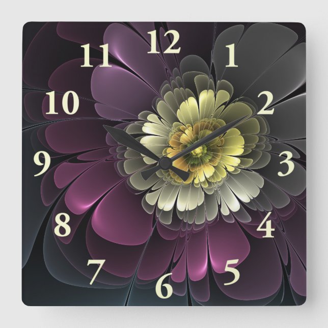 Abstract Modern Purpur Khaki Grey Fractal Flower Square Wall Clock (Front)