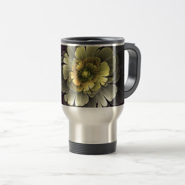 Abstract Modern Purpur Khaki Grey Fractal Flower Travel Mug (Front Right)