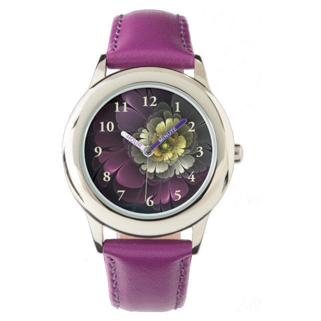 Abstract Modern Purpur Khaki Grey Fractal Flower Watch (Front)