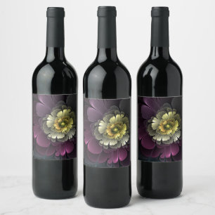 Abstract Modern Purpur Khaki Grey Fractal Flower Wine Label