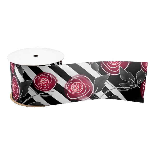 Abstract modern red roses flowers floral striped b satin ribbon (Spool)