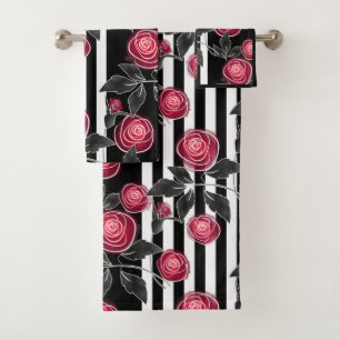 Abstract modern red roses leaves sketched flowers bath towel set