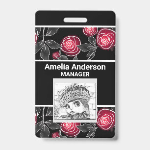 Abstract modern red roses leaves sketched flowers ID badge