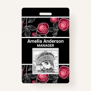 Abstract modern red roses leaves sketched flowers ID badge