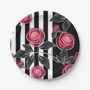 Abstract modern red roses leaves  sketched flowers paper plate
