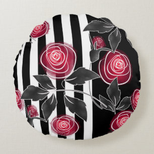Abstract modern red roses leaves sketched flowers round cushion