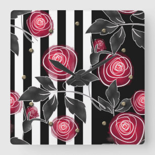 Abstract modern red roses leaves sketched flowers square wall clock