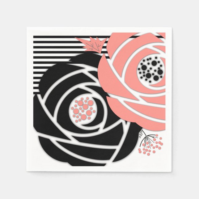 Abstract modern shapes flowers floral coral black napkin (Front)