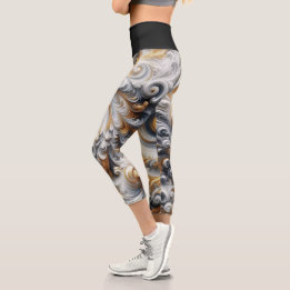 Abstract Modern Swirling Gold, Black and White Capri Leggings