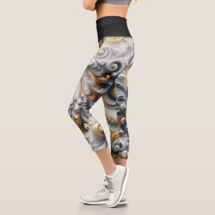 Abstract Modern Swirling Gold, Black and White  Capri Leggings