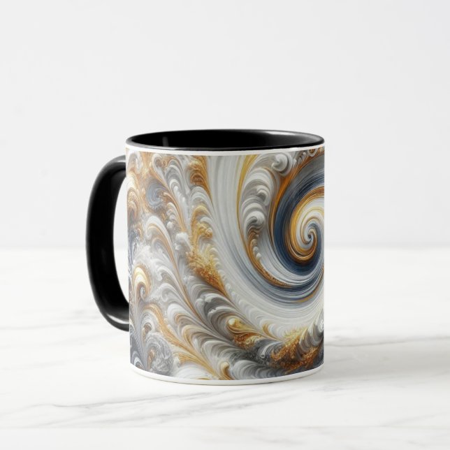 Abstract Modern Swirling Gold, Black and White  Mug (Front Left)