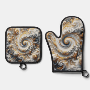 Abstract Modern Swirling Gold, Black and White Oven Mitt & Pot Holder Set