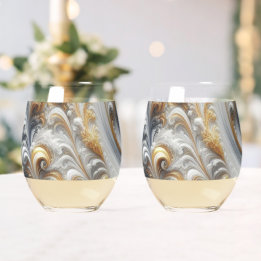 Abstract Modern Swirling Gold, Black and White Stemless Wine Glass