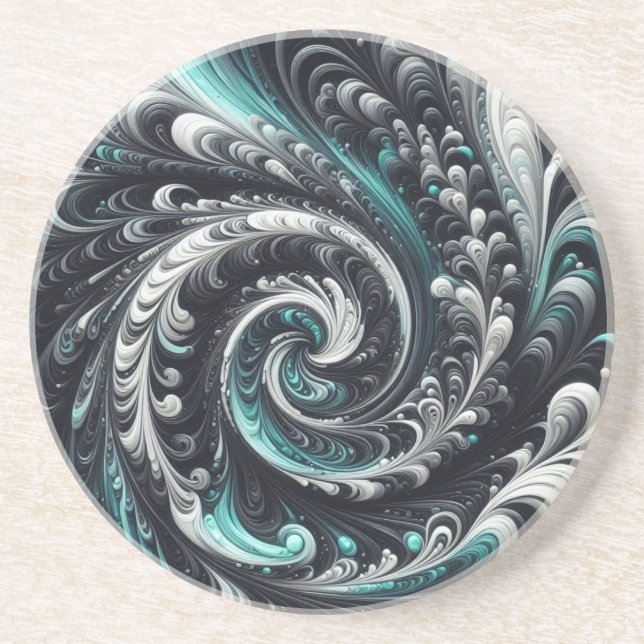 Abstract Modern Swirling Green, Silver and Black Coaster (Front)