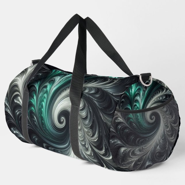 Abstract Modern Swirling Green, Silver and Black Duffle Bag (Right Corner)