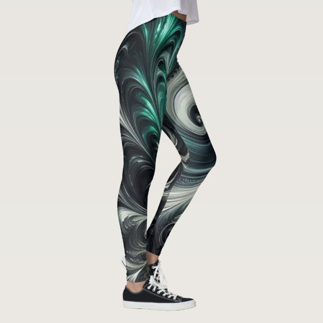 Abstract Modern Swirling Green, Silver and Black Leggings (Right)
