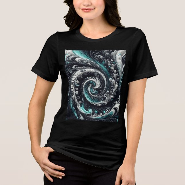 Abstract Modern Swirling Green, Silver and Black Tri-Blend Shirt (Front)