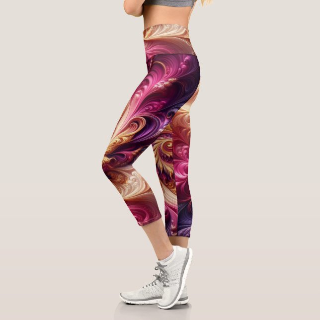Abstract Modern Swirling Pink, Gold and Purple  Capri Leggings (Left)