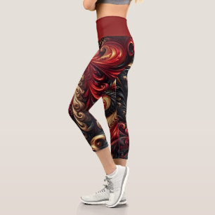 Abstract Modern Swirling Red, Black and Gold Capri Leggings