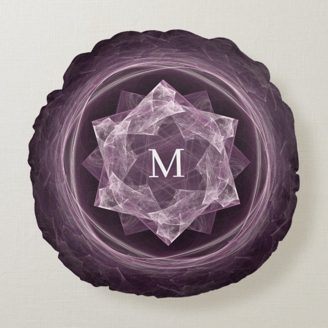 Abstract Monogram Dark Purple Star Fractal  Round Cushion (Front)