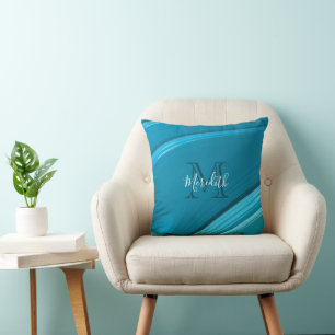 Abstract Monogram Teal Blue Swirl Cushion