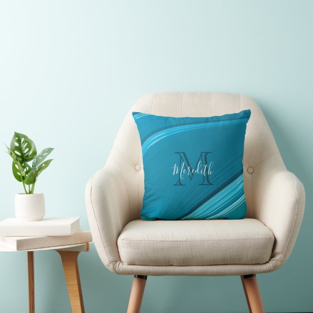 Abstract Monogram Teal Blue Swirl Cushion (Chair)