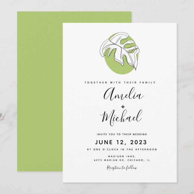 Abstract Monstera Hand Drawn  Botanical Greenery Invitation (Front/Back)