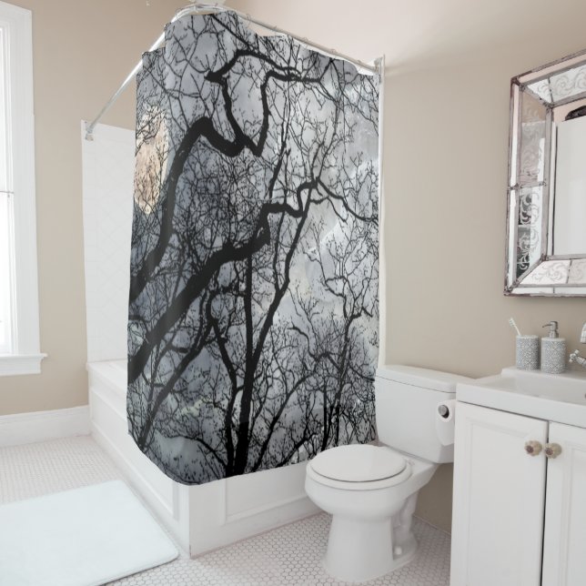 Abstract moon tree black white Shower curtain (In Situ)