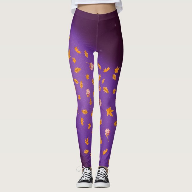 Abstract moonlight autumn leaves roses  leggings (Front)