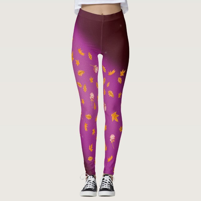 Abstract moonlight autumn leaves roses  leggings (Front)