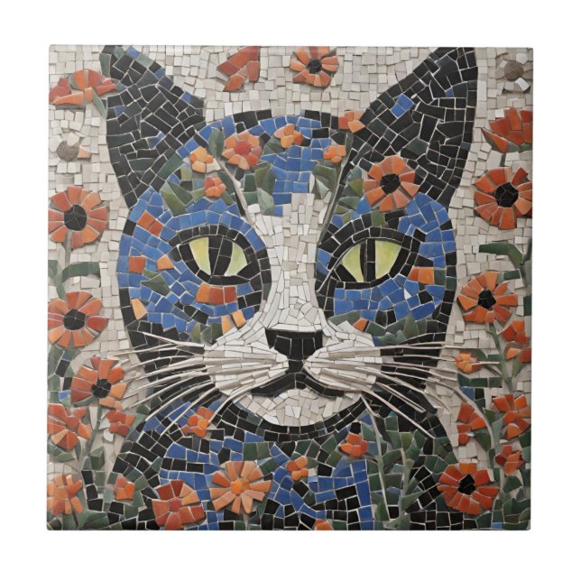 Abstract Mosaic Cat with Flowers  Tile (Front)