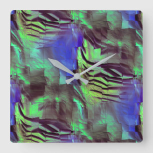 Abstract mosaic drawing of rustic green and blue square wall clock