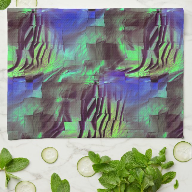 Abstract mosaic drawing of rustic green and blue tea towel (Folded)