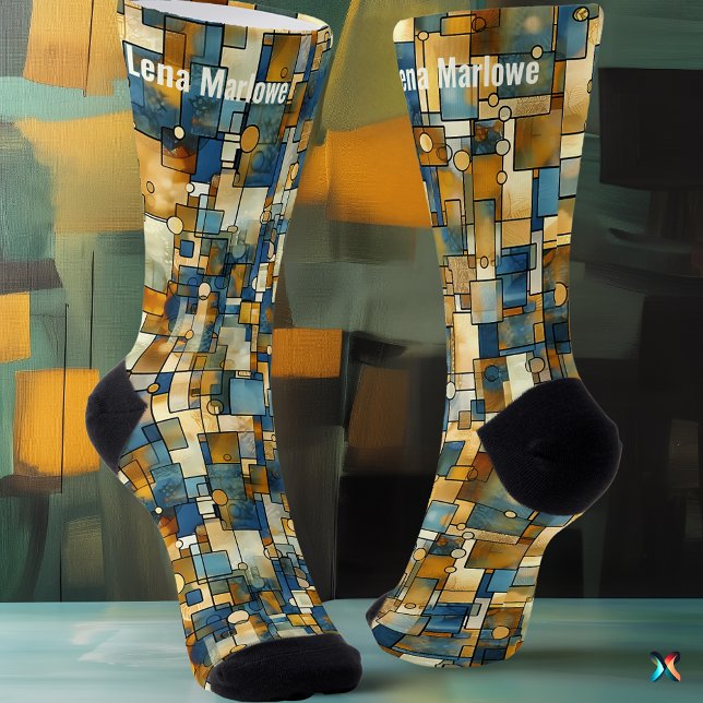 Abstract Mosaic in Blue and Gold Contemporary  Socks (Creator Uploaded)