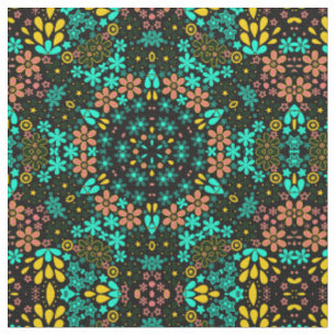 Abstract mosaic kaleidoscopic floral flowers black fabric