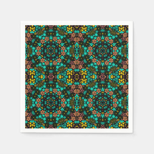 Abstract mosaic kaleidoscopic floral flowers black napkin