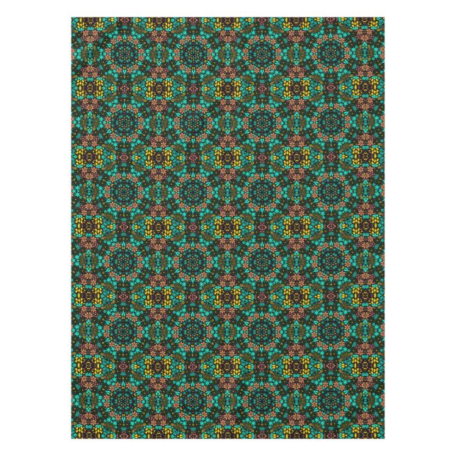 Abstract mosaic kaleidoscopic floral flowers black tablecloth (Front)