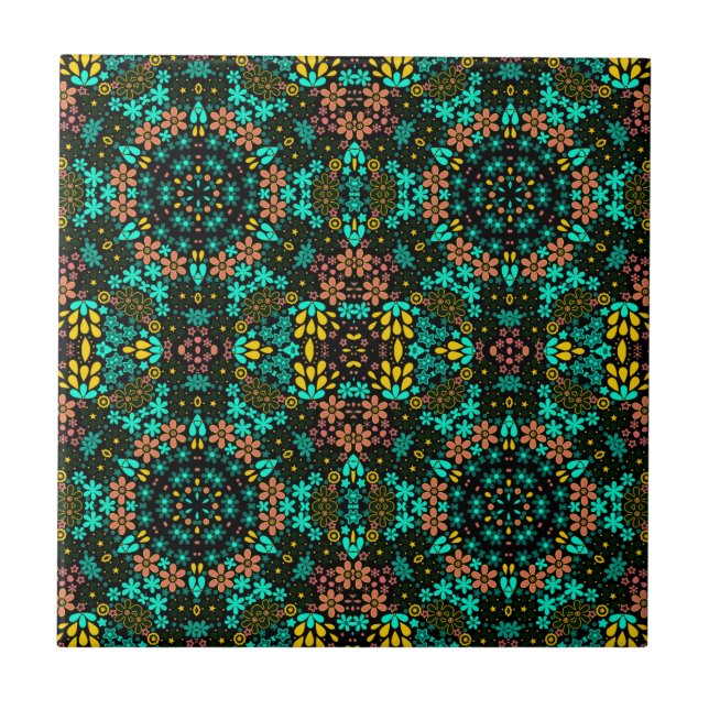 Abstract mosaic kaleidoscopic floral flowers black tile (Front)