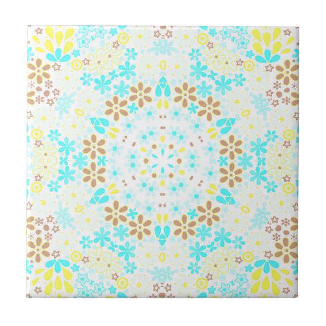 Abstract mosaic kaleidoscopic floral flowers white tile (Front)