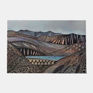 Abstract mountain landscape sunset zen tangle art doormat